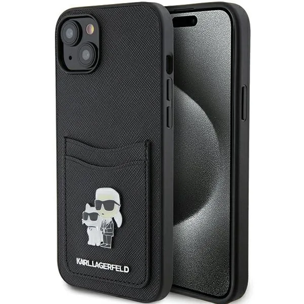 Kryt Karl Lagerfeld KLHCP15SSAPKCNPK Apple iPhone 15 hardcase Saffiano Cardslot Karl&Choupette Metal Pin black