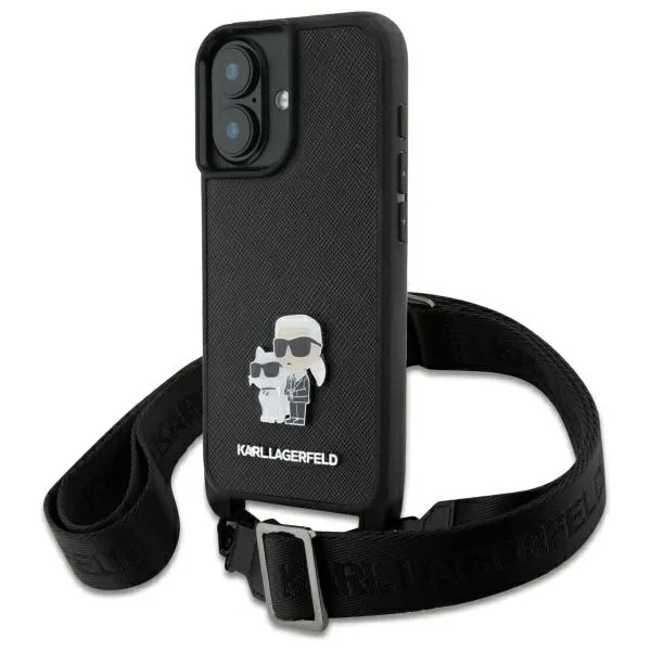 Kryt Karl Lagerfeld KLHCP16SSAKCPBK Apple iPhone 16 hardcase Saffiano Karl&Choupette Metal Pin CBDY Strap black