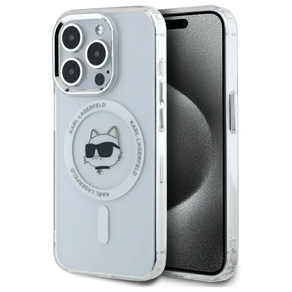 Kryt Karl Lagerfeld KLHMP15LHLSCHH Apple iPhone 15 Pro hardcase IML Metal Choupette Head MagSafe white