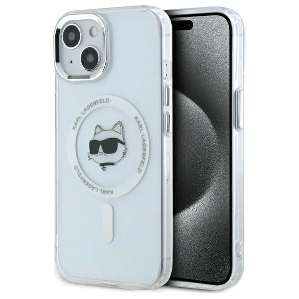 Kryt Karl Lagerfeld KLHMP15SHLSCHH Apple iPhone 15 hardcase IML Metal Choupette Head MagSafe white