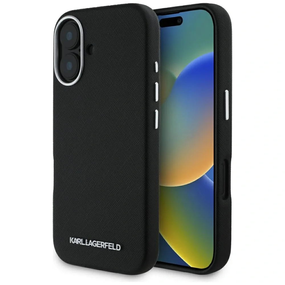 Kryt Karl Lagerfeld Saffiano Full Wrapped Elongated Metal Logo MagSafe Apple iPhone 16 black