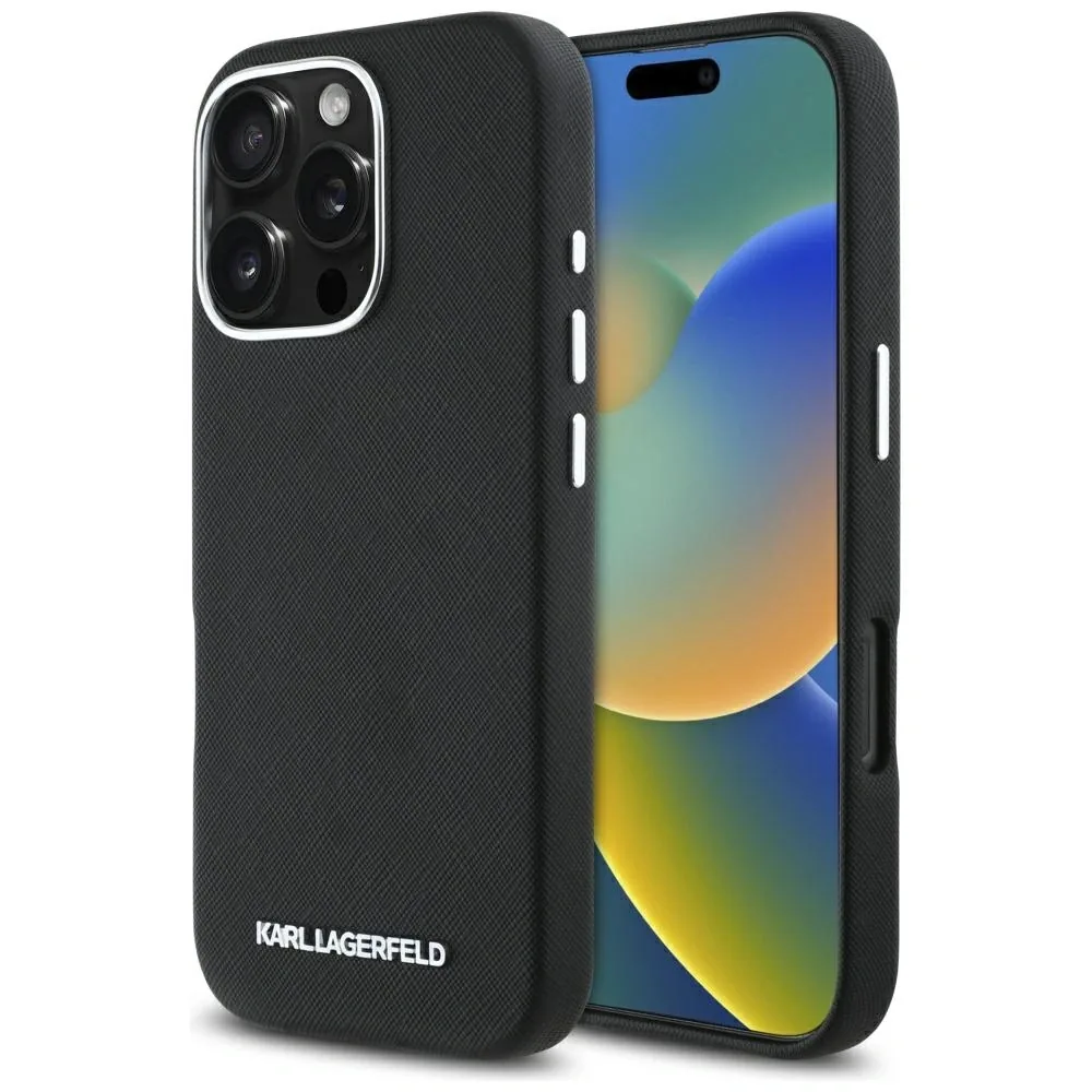 Kryt Karl Lagerfeld Saffiano Full Wrapped Elongated Metal Logo MagSafe Apple iPhone 16 Pro Max black