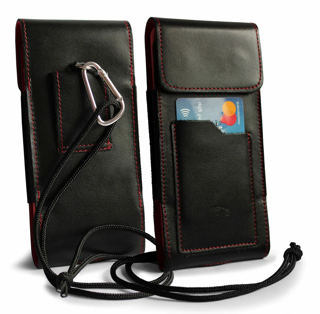 Kryt LURESKO HECTOR XXL leather neck case / belt case / loop holster vertical 167x78x10mm (black smooth red thread red interior)