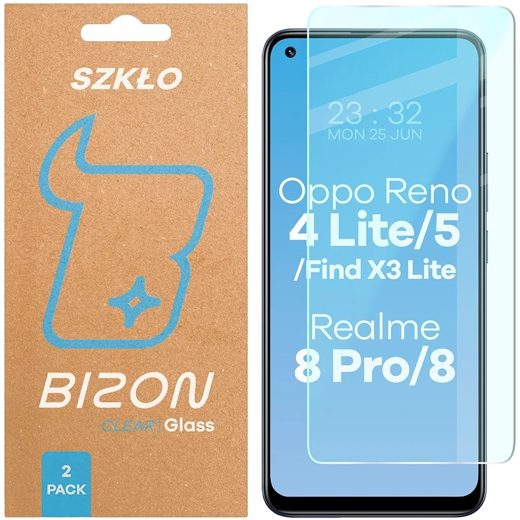 Kryt Szkło hartowane Bizon Glass Clear Duo do Oppo Reno 4 Lite / Oppo Reno 5 / Oppo Find X3 Lite / Realme 8 / Realme 8 Pro, 2 sztuki
