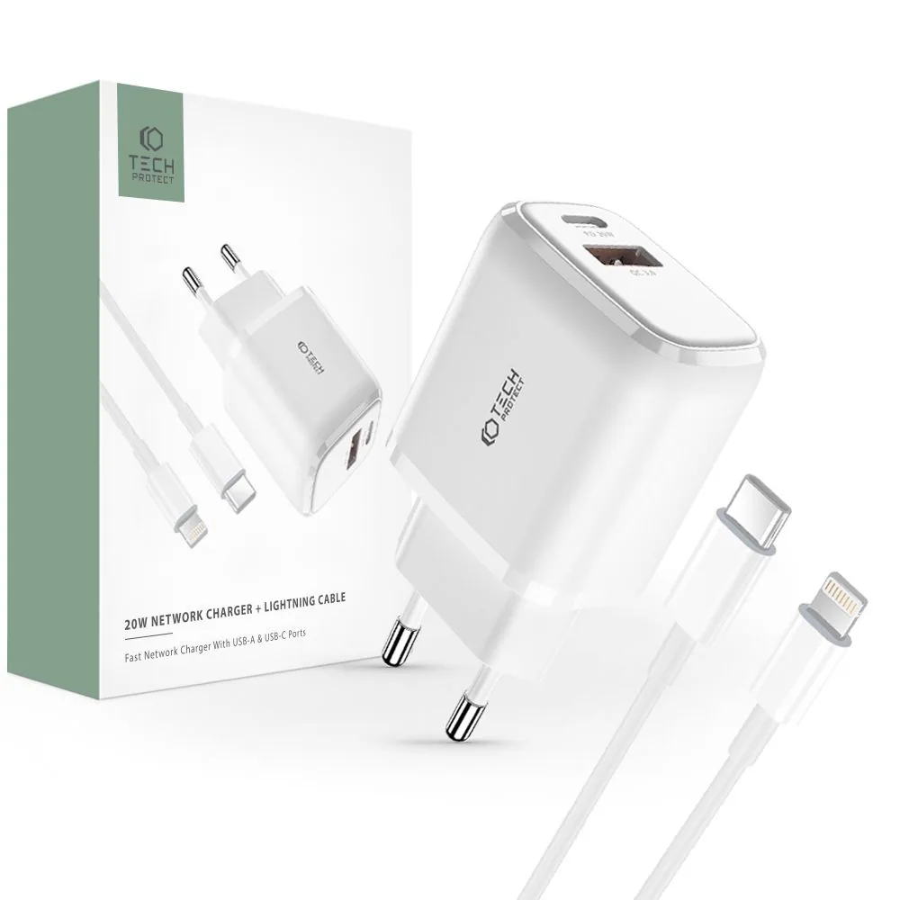 Síťová nabíječka Tech-Protect C20w 2-port Network Charger PD 20W QC 3.0 + Lightning cable White