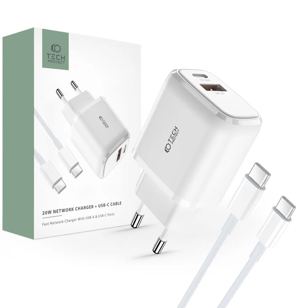 Síťová nabíječka Tech-Protect C20W 2-port Network Charger PD 20W QC 3.0 + USB-C Cable White