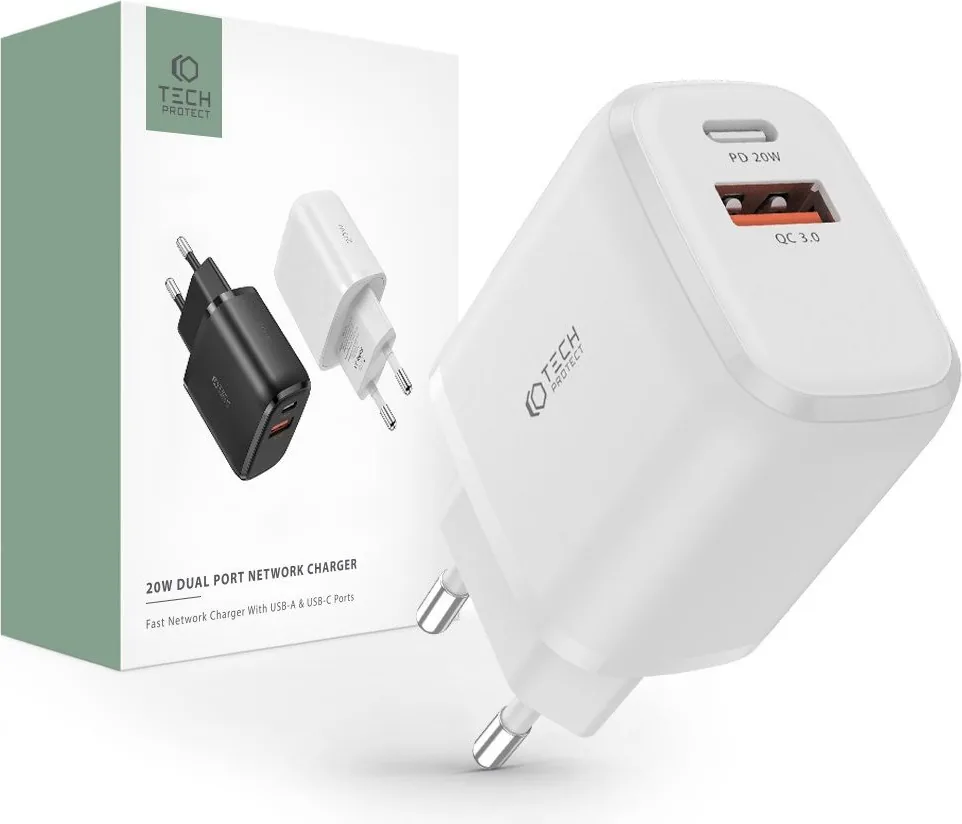 Síťová nabíječka Tech-Protect C20W 2-port Network Charger PD 20W QC 3.0 White