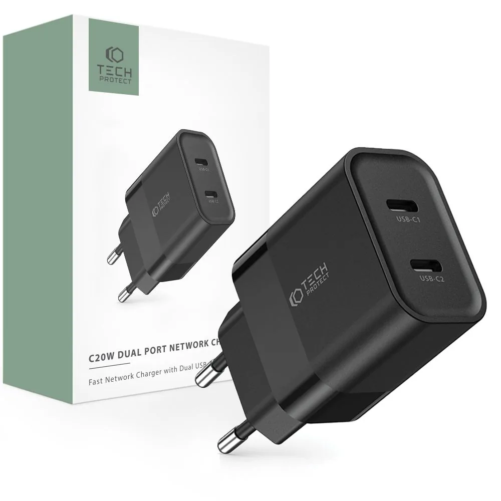 Síťová nabíječka Tech-Protect C20W Network Charger 2xUSB-C, PD, 20W Black