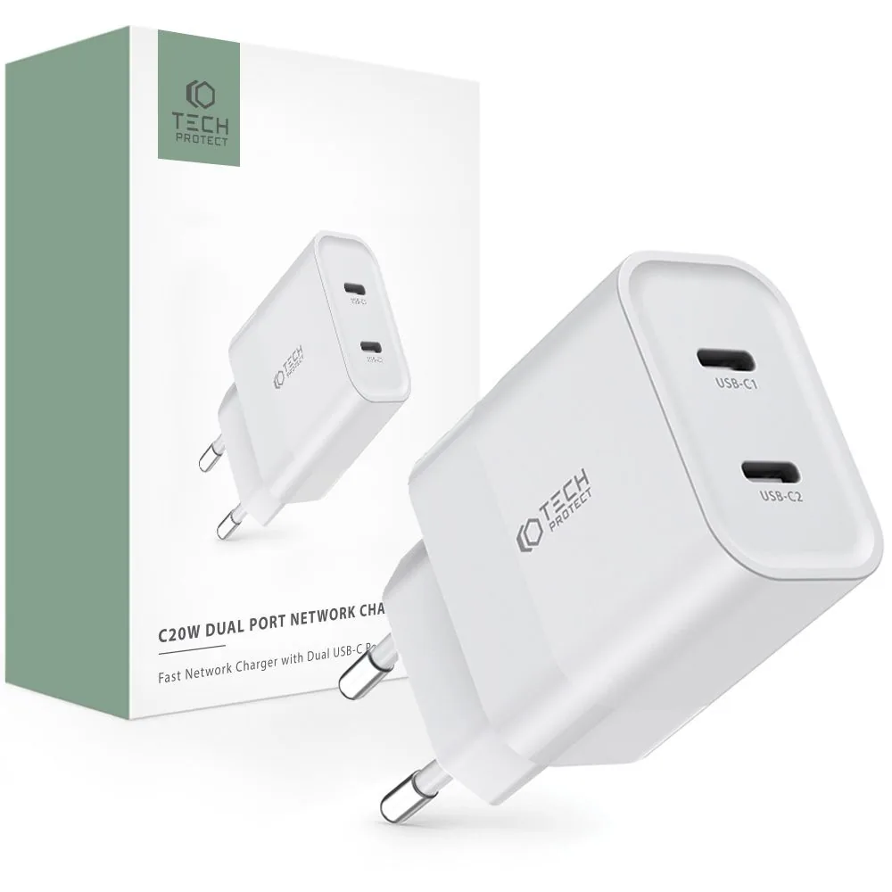 Síťová nabíječka Tech-Protect C20W Network Charger 2xUSB-C, PD, 20W White