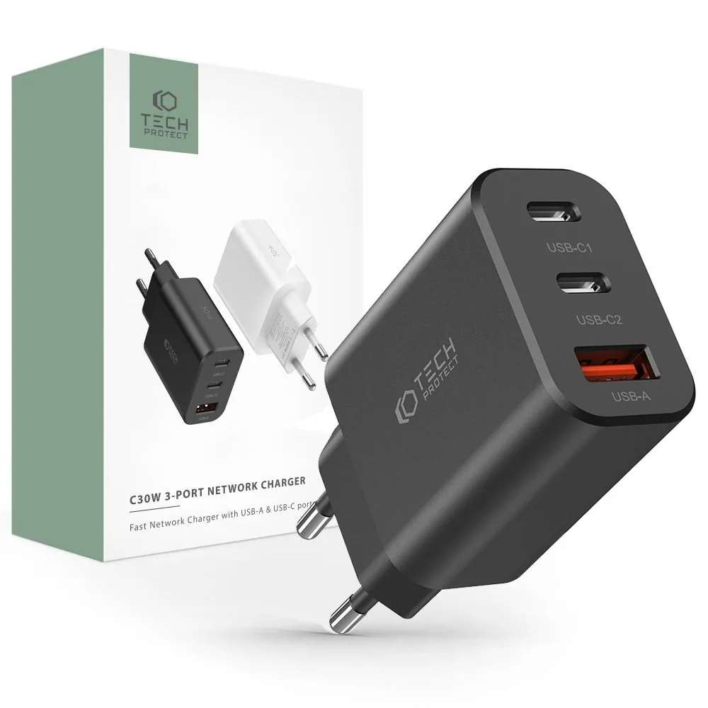 Síťová nabíječka Tech-Protect C30W 3-port Network Charger PD 30W QC 3.0 Black