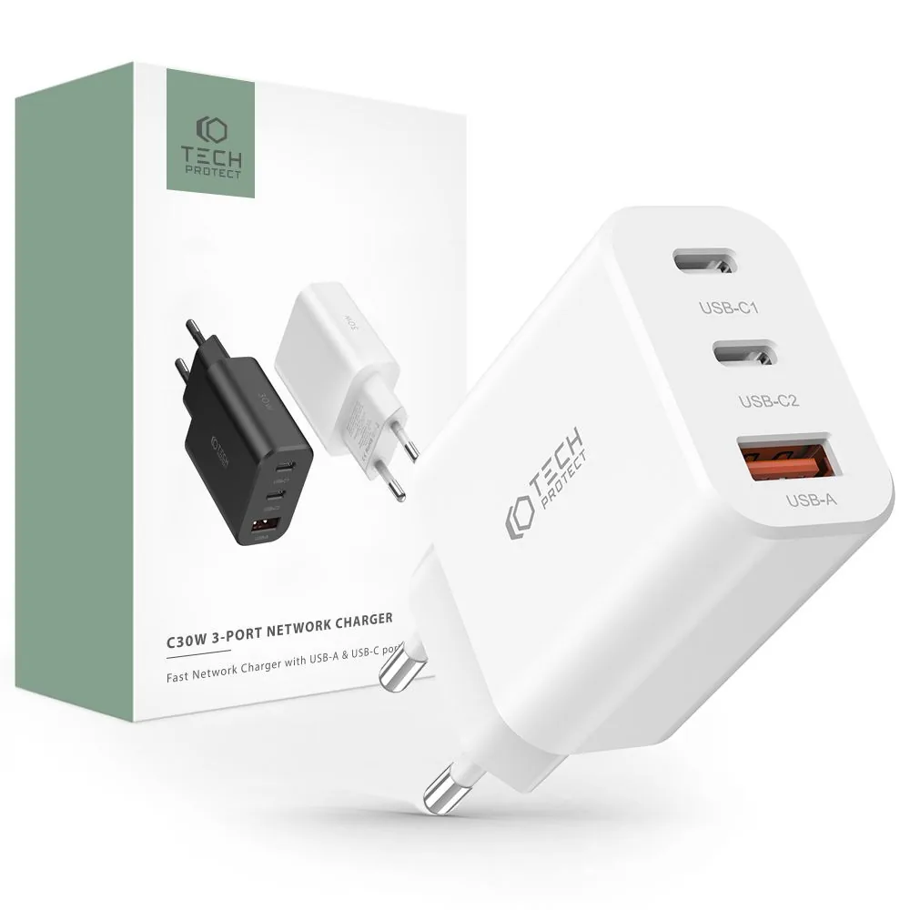 Síťová nabíječka Tech-Protect C30W 3-port Network Charger PD 30W QC 3.0 White
