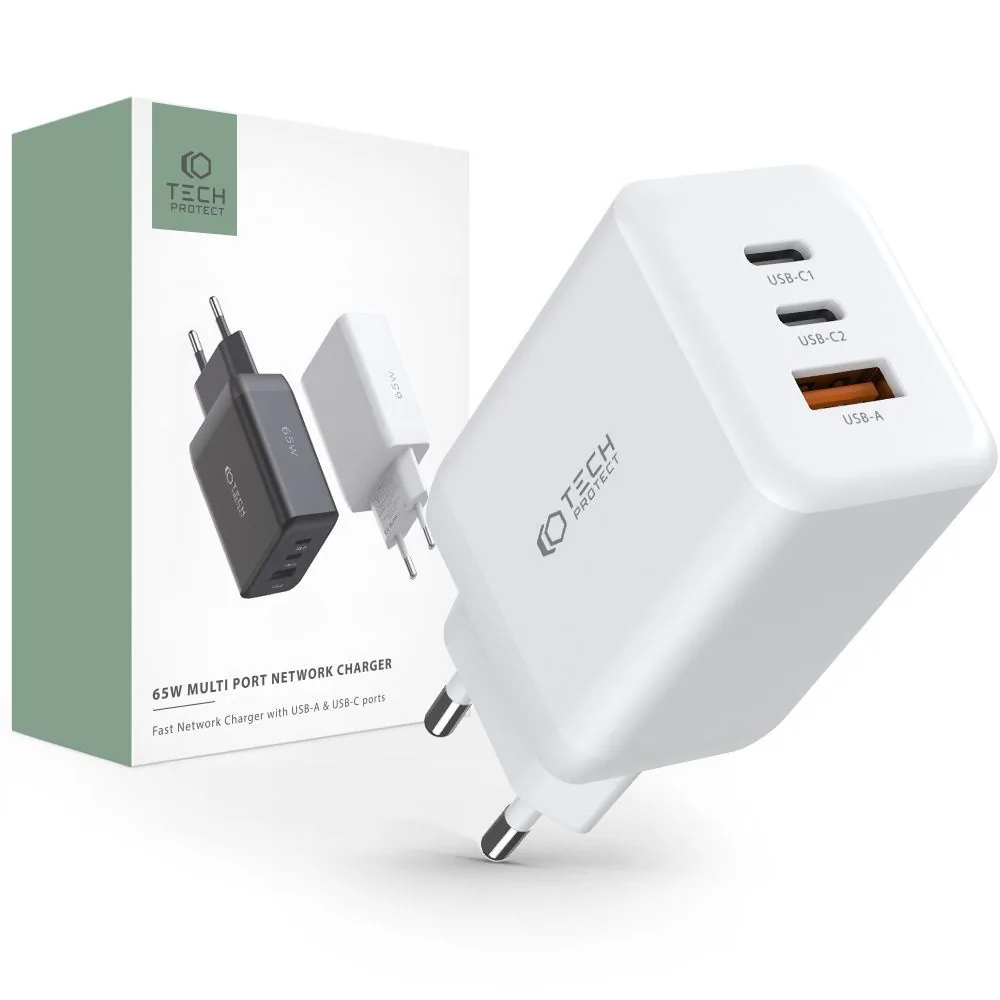 Síťová nabíječka Tech-Protect C65W 3-port Network Charger PD 65W QC 3.0 White
