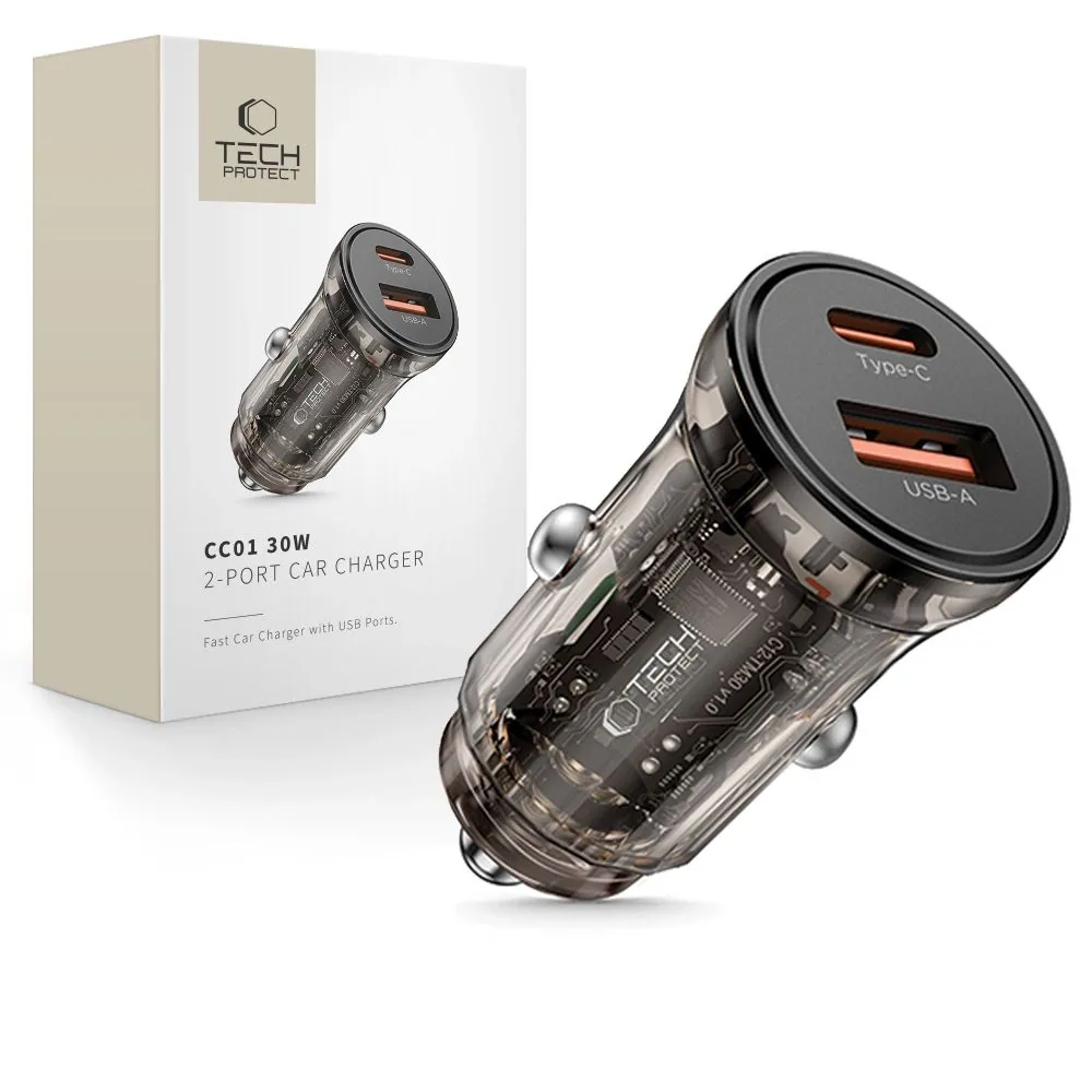 Kryt Tech-Protect CC01 2-port Car Charger USB-A, USB-C PD 30W / QC 3.0 Black