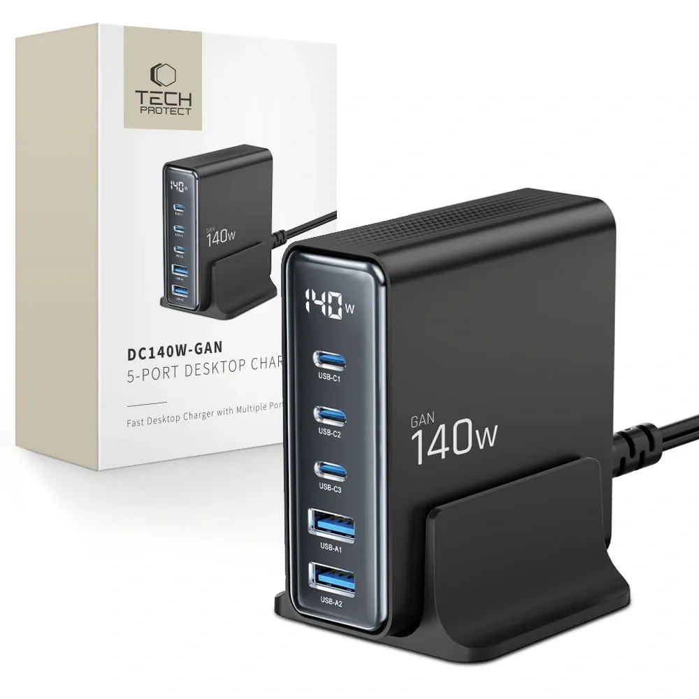 Síťová nabíječka Tech-Protect DC140W-GAN 5-port 2xUSB-A, 3xUSB-C Desktop Charger PD140W / QC3.0 Black