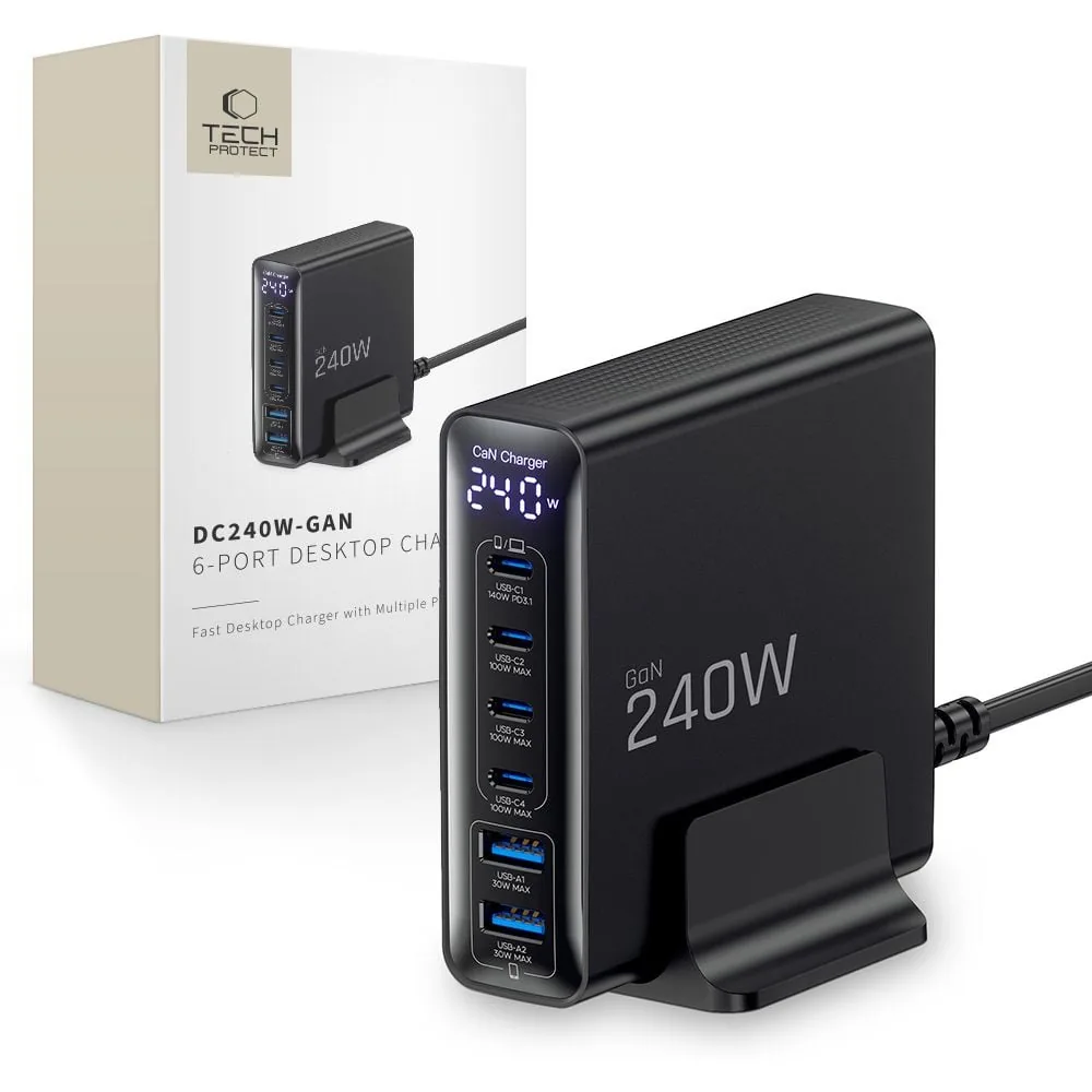 Síťová nabíječka Tech-Protect DC240W-GAN 6-port Desktop Charger PD 240W / QC3.0 Black