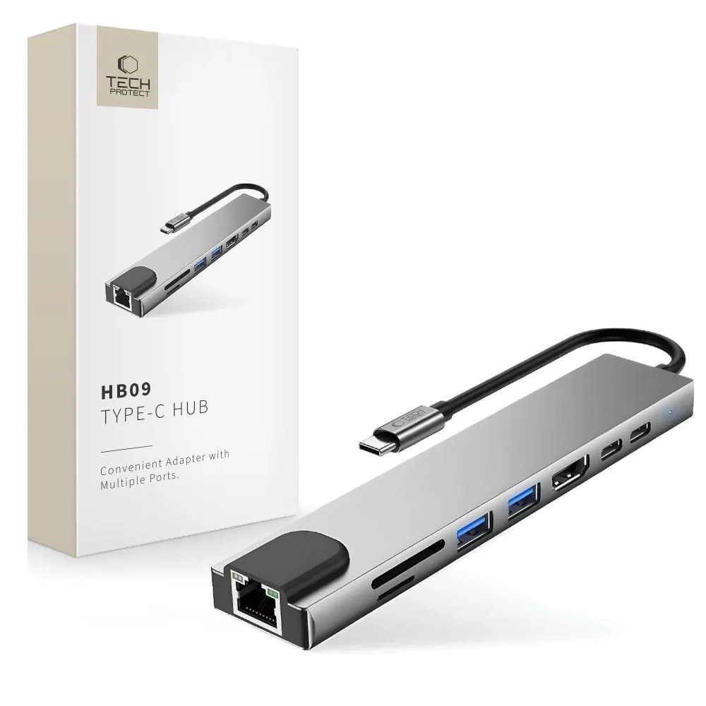 Kryt Tech-Protect HB09 Hub Adapter 8in1 USB-C / 2xUSB-A 3.0, USB-C 3.0, USB-C PD 100W, HDMI 4K 60Hz, SD/TF, RJ45 1000Mb/s Space Grey