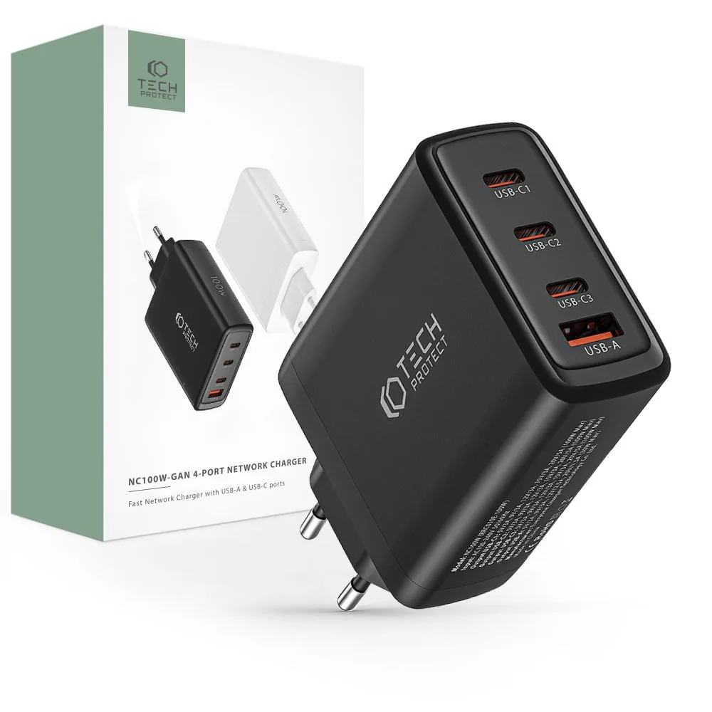 Síťová nabíječka Tech-Protect NC100W-GaN 4-port Network Charger PD 100W QC 3.0 Black