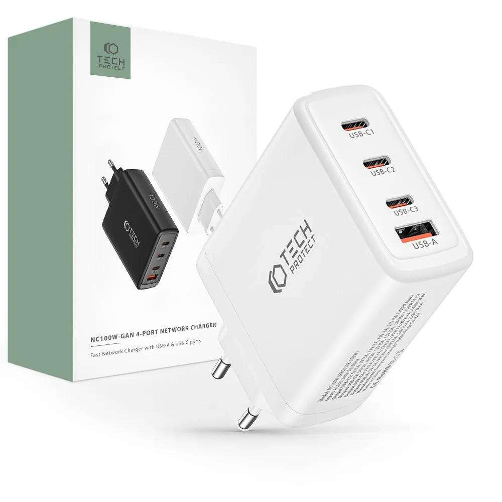 Síťová nabíječka Tech-Protect NC100W-GaN 4-port Network Charger PD 100W QC 3.0 White