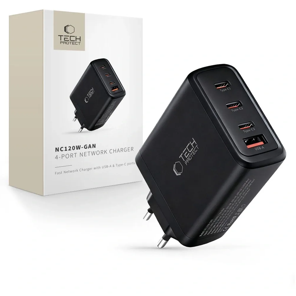 Síťová nabíječka Tech-Protect NC120W-GAN 4-port Network Charger PD 120W / QC3.0 Black