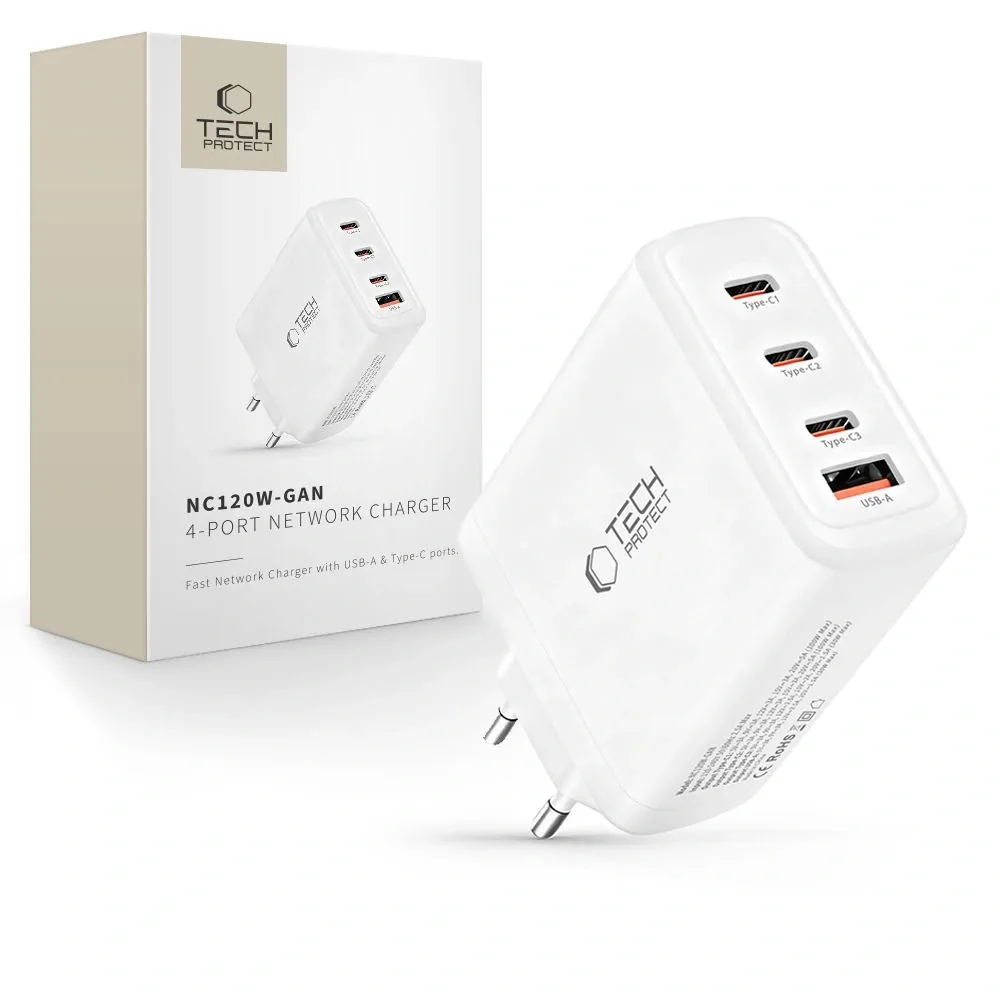 Síťová nabíječka Tech-Protect NC120W-GAN 4-port Network Charger PD 120W / QC3.0 White