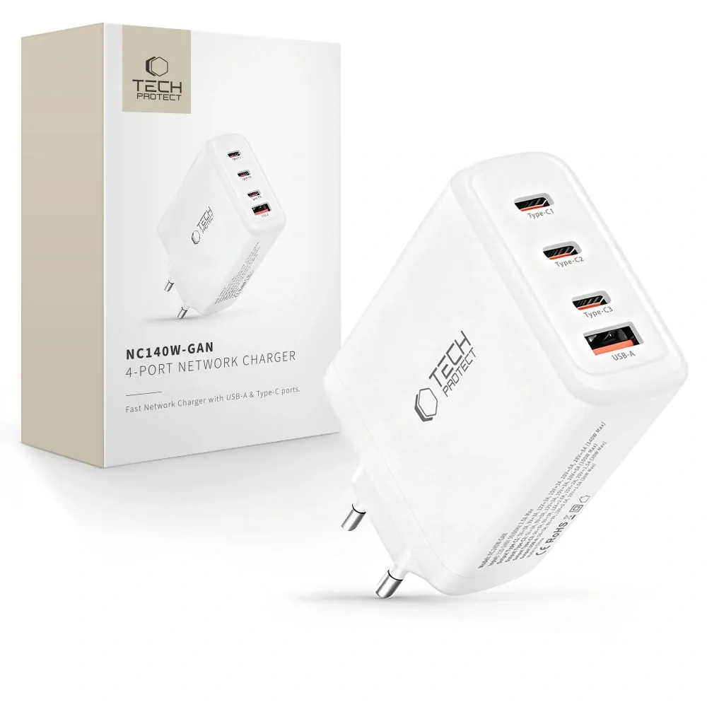 Síťová nabíječka Tech-Protect NC140W-GAN 4-port Network Charger PD 140W / QC3.0 White