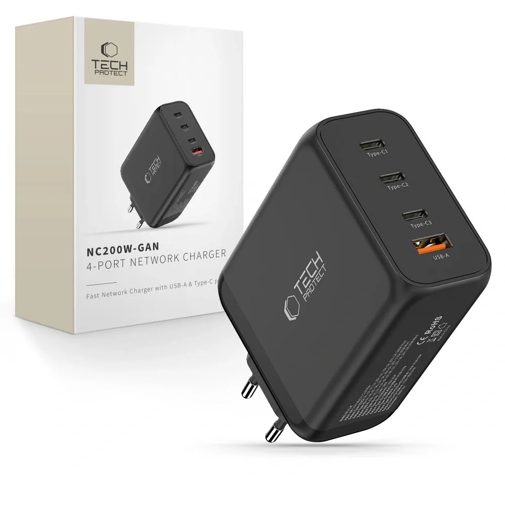 Síťová nabíječka Tech-Protect NC200W-GAN 4-port Network Charger PD 200W / QC3.0 Black