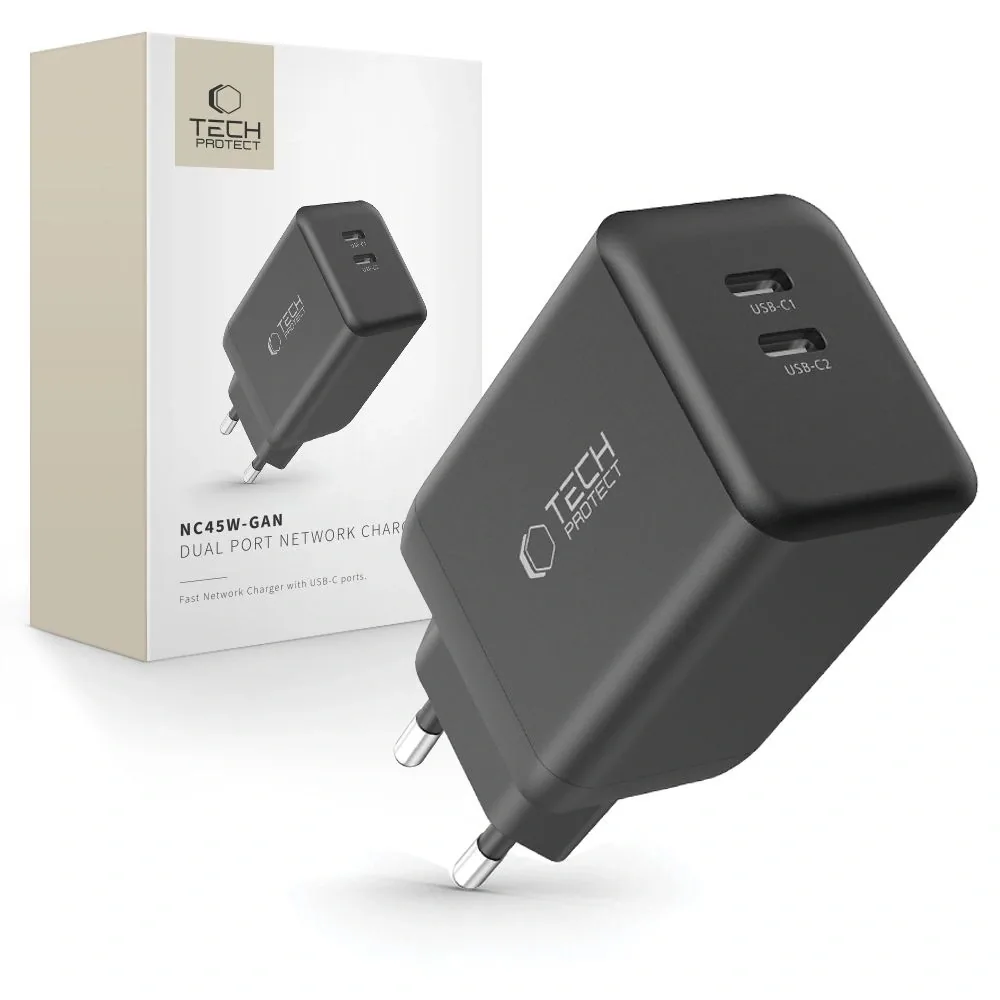 Síťová nabíječka Tech-Protect NC45W-GAN 2xUSB-C Network Charger PD45W Black