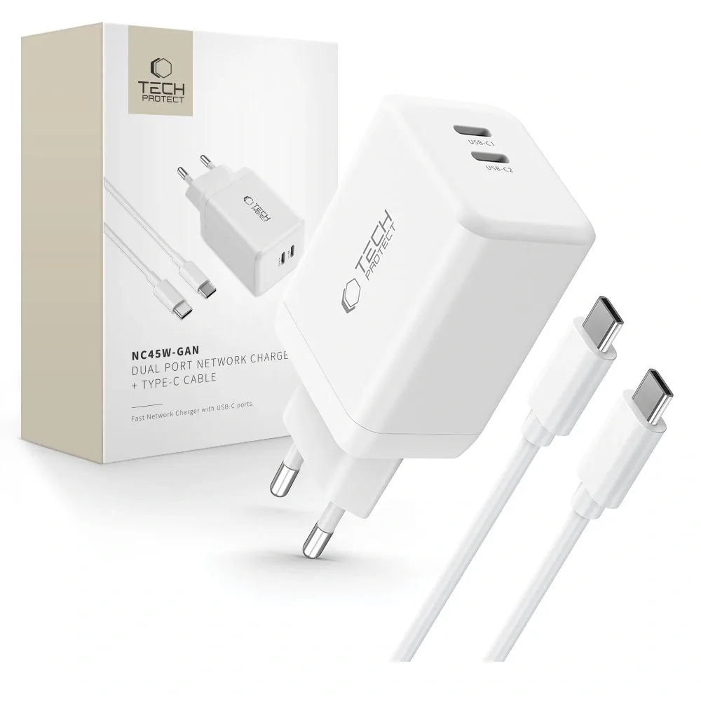 Síťová nabíječka Tech-Protect NC45W-GAN 2xUSB-C Network Charger PD45W + USB-C Cable White