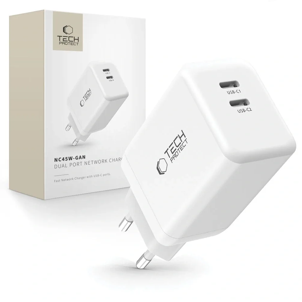 Síťová nabíječka Tech-Protect NC45W-GAN 2xUSB-C Network Charger PD45W White