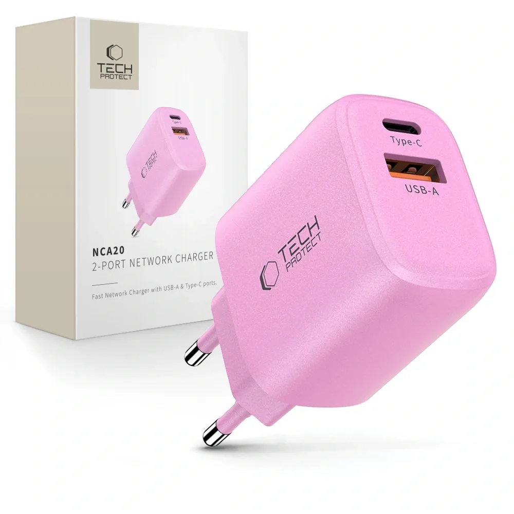 Síťová nabíječka Tech-Protect NCA20 USB-A, USB-C Network Charger PD 20W / QC3.0 Baby Pink