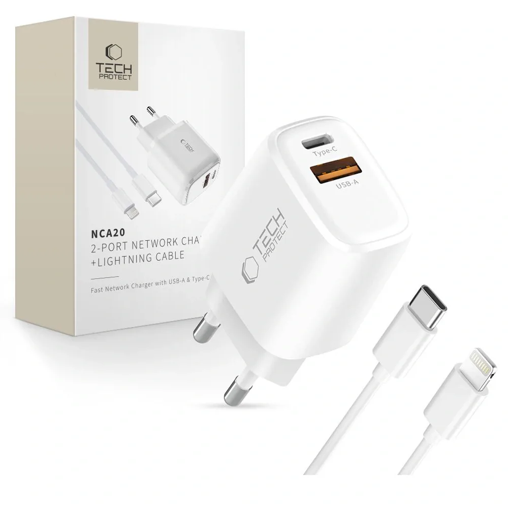 Síťová nabíječka Tech-Protect NCA20 USB-A, USB-C Network Charger PD 20W / QC3.0 + Lightning Cable White
