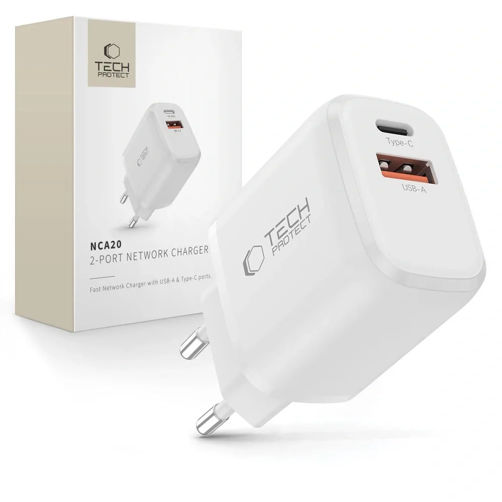 Síťová nabíječka Tech-Protect NCA20 USB-A, USB-C Network Charger PD 20W / QC3.0 White