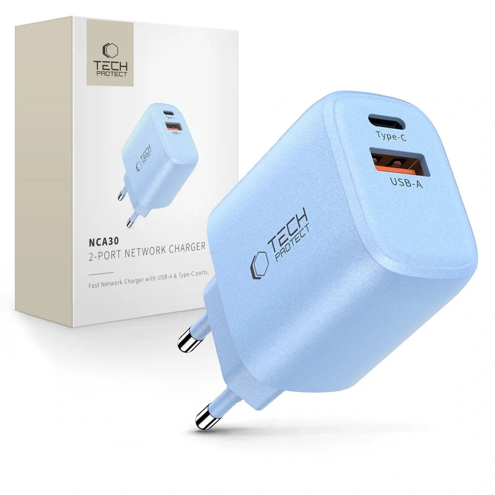 Síťová nabíječka Tech-Protect NCA30 USB-A, USB-C Network Charger PD 30W / QC3.0 Baby Blue