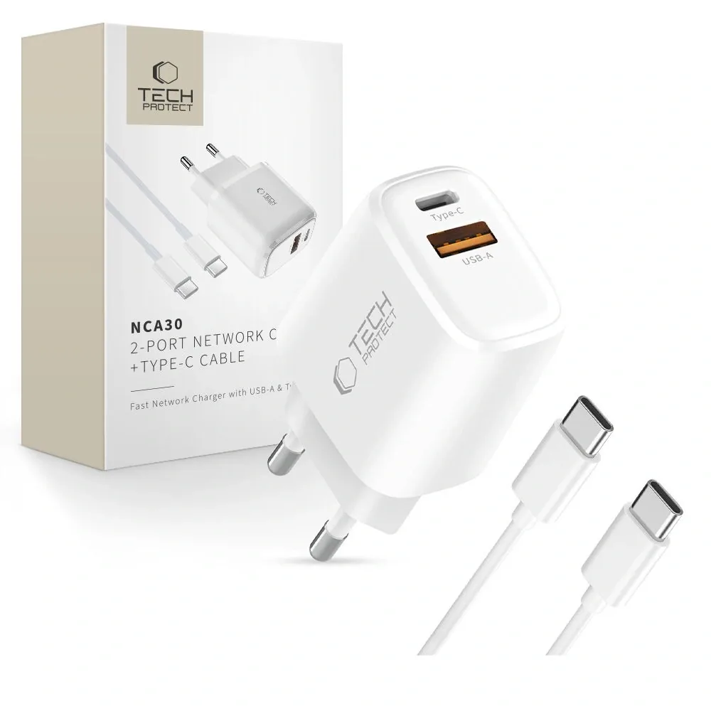 Síťová nabíječka Tech-Protect NCA30 USB-A, USB-C Network Charger PD 30W / QC3.0 + USB-C Cable White