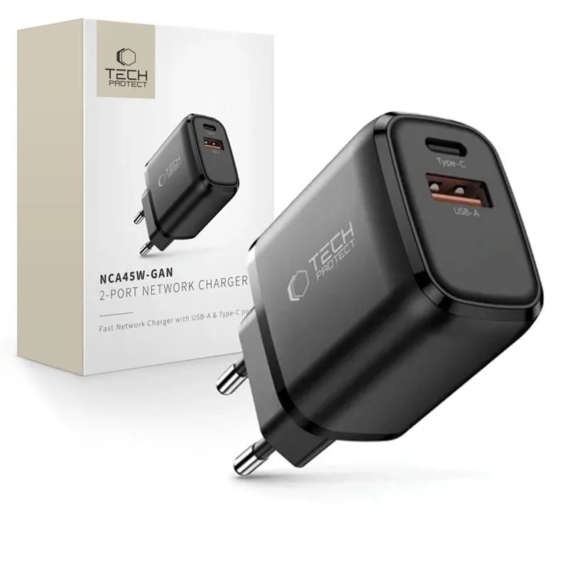 Síťová nabíječka Tech-Protect NCA45W-GAN USB-A, USB-C Network Charger PD 45W / QC3.0 Black