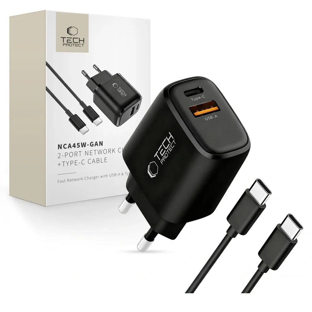 Síťová nabíječka Tech-Protect NCA45W-GAN USB-A, USB-C Network Charger PD 45W / QC3.0 + USB-C Cable Black
