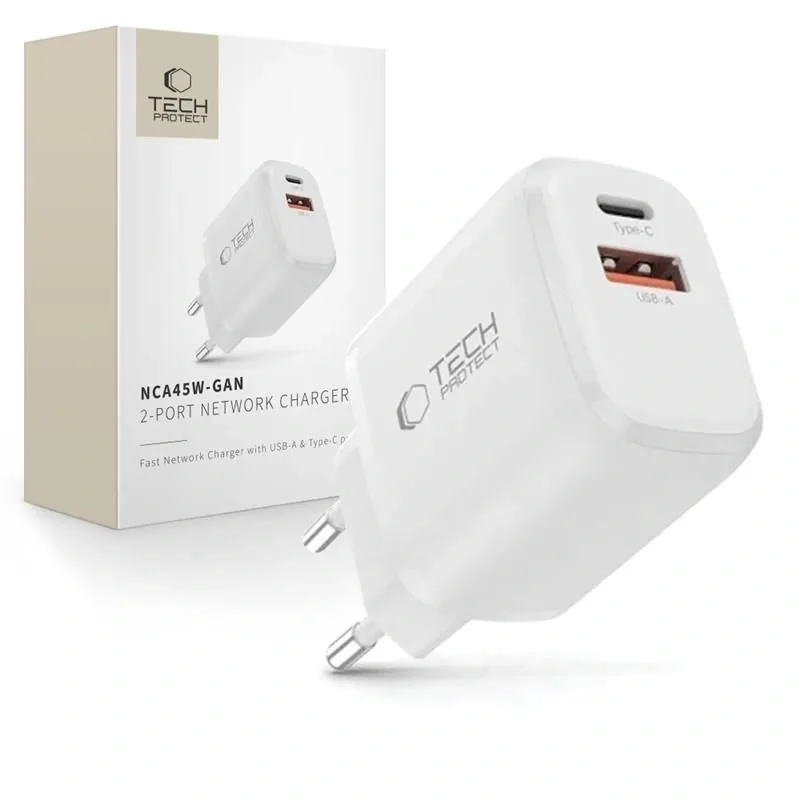 Síťová nabíječka Tech-Protect NCA45W-GAN USB-A, USB-C Network Charger PD 45W / QC3.0 White