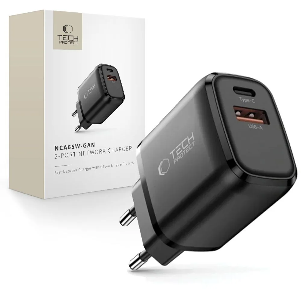 Síťová nabíječka Tech-Protect NCA65W-GAN USB-A, USB-C Network Charger PD 65W / QC3.0 Black