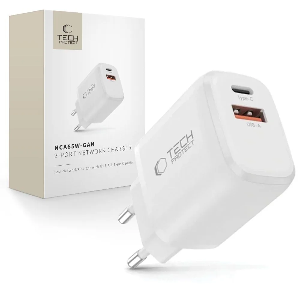 Síťová nabíječka Tech-Protect NCA65W-GAN USB-A, USB-C Network Charger PD 65W / QC3.0 White
