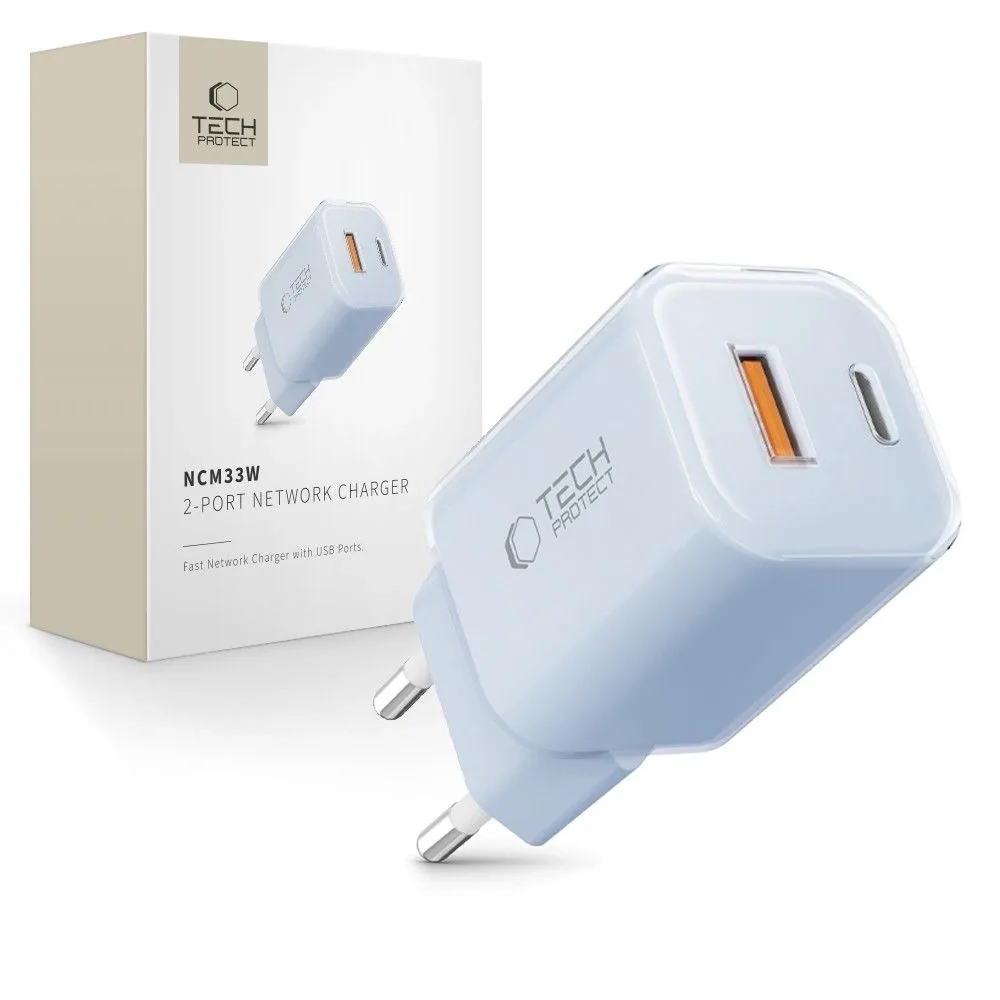 Síťová nabíječka Tech-Protect NCM33W 2-port USB-A, USB-C Network Charger PD 33W / QC3.0 Baby Blue