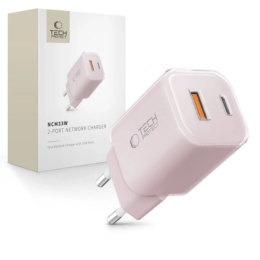 Síťová nabíječka Tech-Protect NCM33W 2-port USB-A, USB-C Network Charger PD 33W / QC3.0 Baby Pink