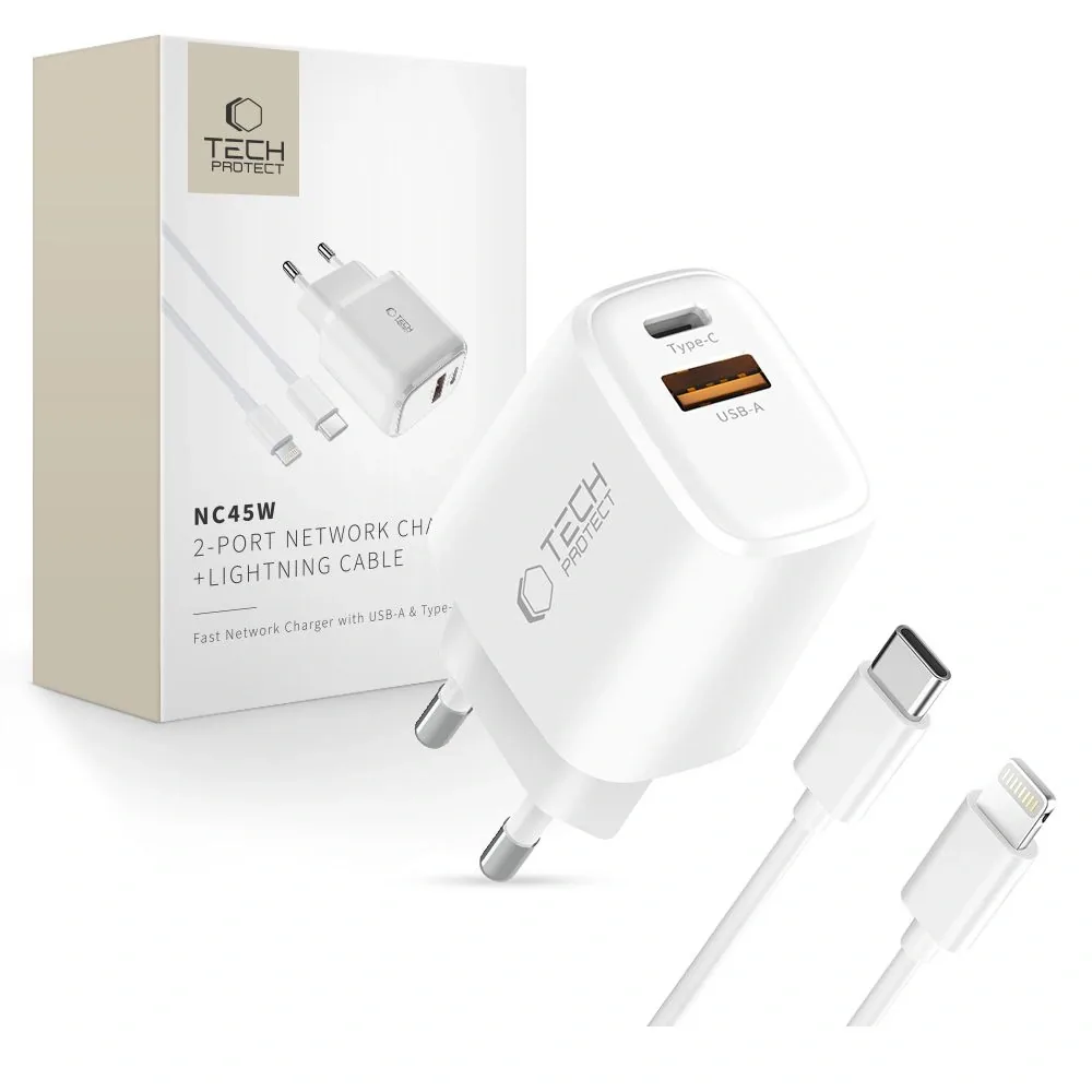 Síťová nabíječka Tech-Protect NNC45W-GAN USB-A, USB-C Network Charger PD 45W / QC3.0 + USB-C / Lightning Cable White