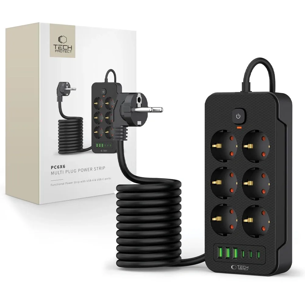 Kryt Tech-Protect PC6X6 Power Strip 3xUSB-A, 3xUSB-C, 6xAC 200cm Black