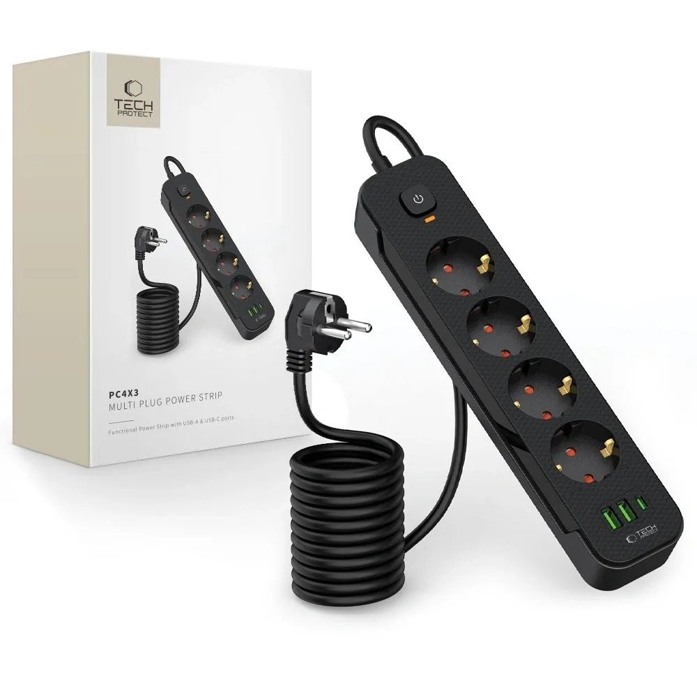Kryt Tech-Protect PCL4X3 Power Socket Long 2xUSB-A, USB-C, 4xAC 200cm Black