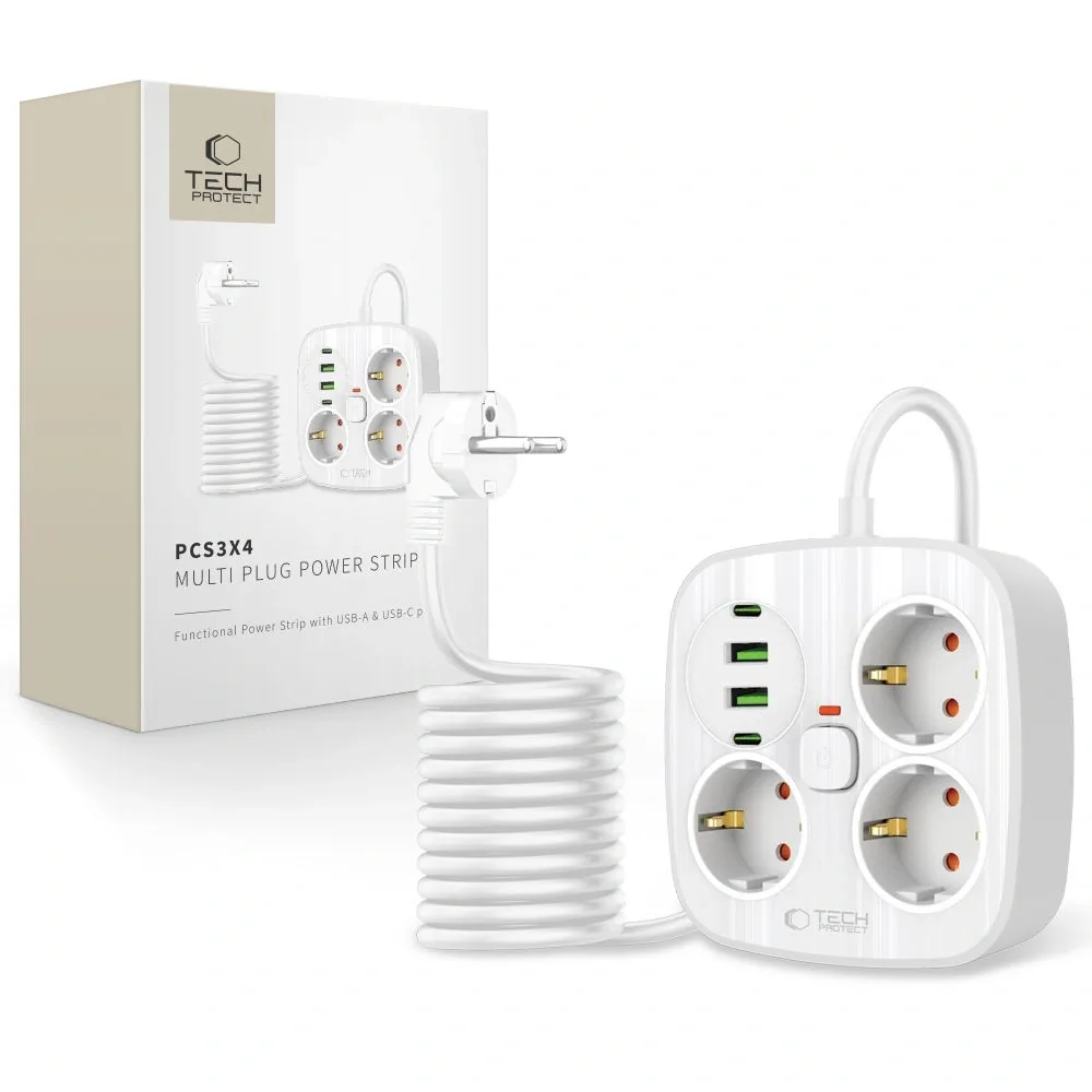 Kryt Tech-Protect PCS3X4 Power Strip 2xUSB-A, 2xUSB-C, 3xSocket AC 200cm White