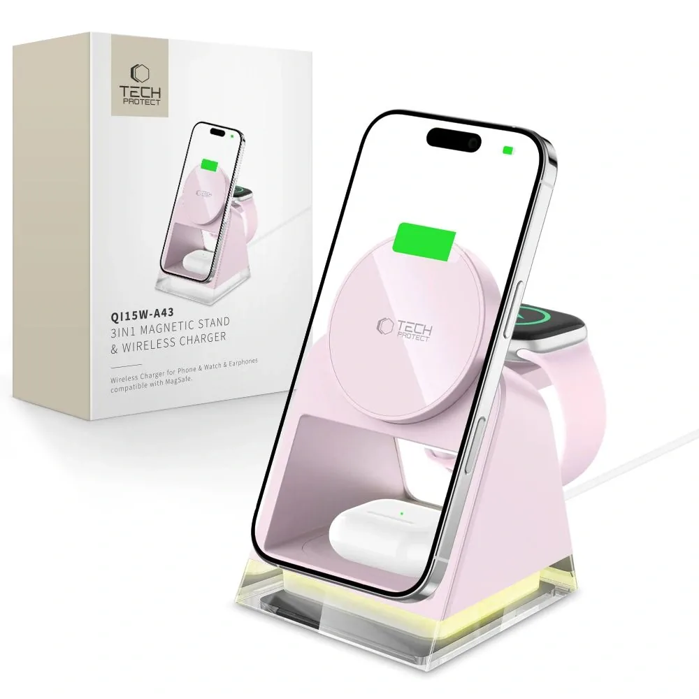 Bezdrátová nabíječka Tech-Protect QI15W-A43 3in1 Magnetic MagSafe Wireless Charger Baby Pink