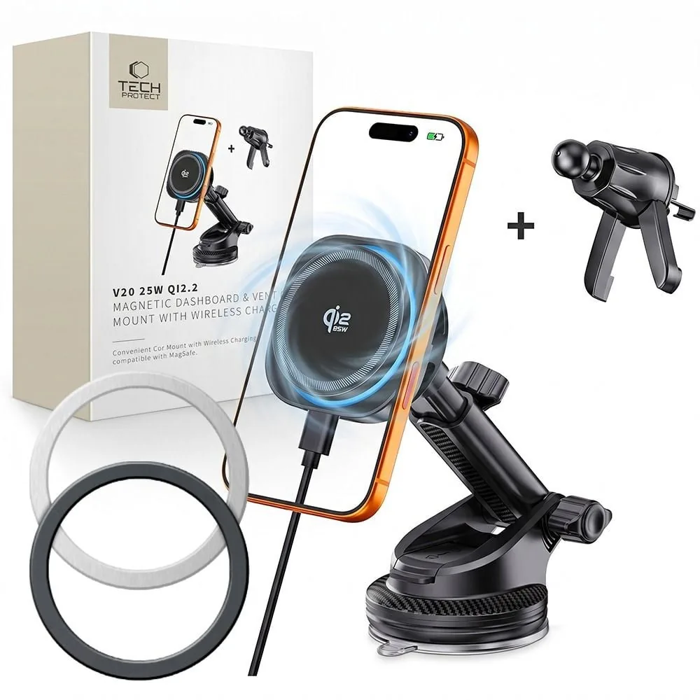 Kryt Tech-Protect V20 Arcticboost Magnetic MagSafe Dashboard & Vent Car Mount Wireless Charger 25W Qi2.2 Black