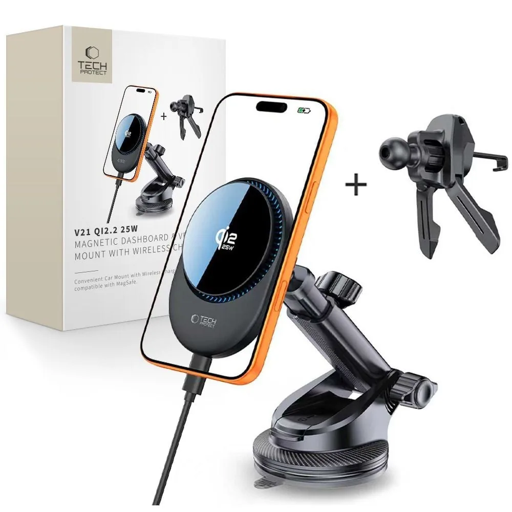 Kryt Tech-Protect V21 Magnetic MagSafe Dashboard & Vent Car Mount Wireless Charger 25W Qi2.2 Black