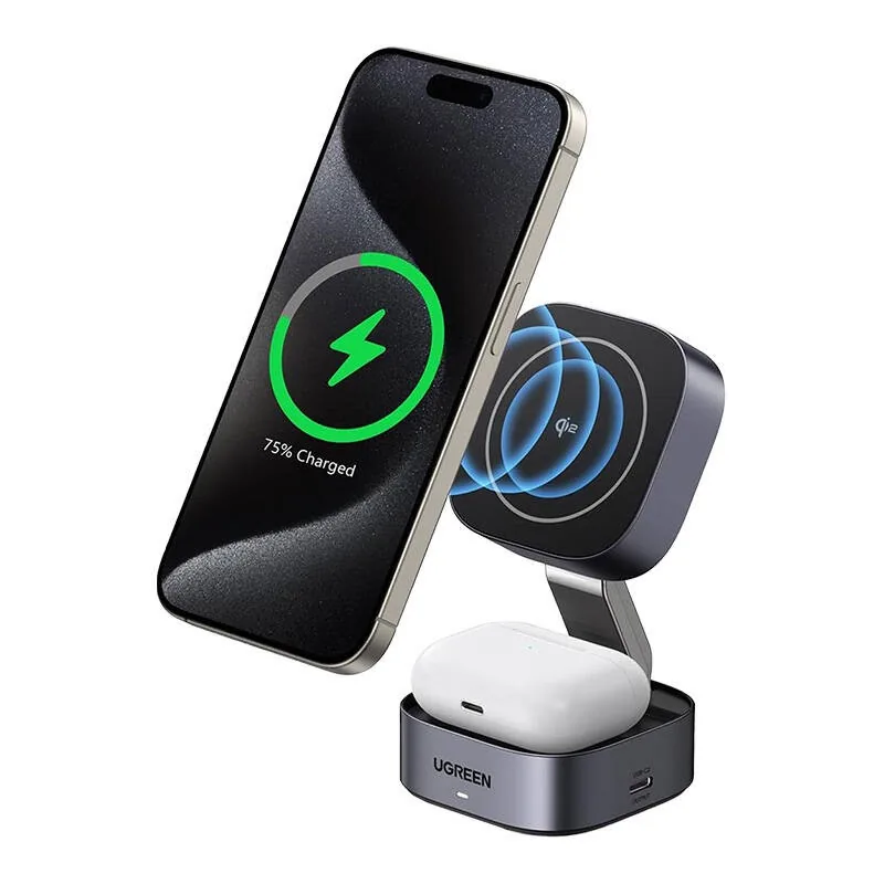 Bezdrátová nabíječka UGREEN W702 Qi 2-in-1 inductive charger iPhone, AirPods, 15W grey