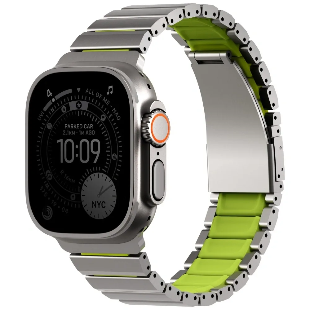 UNIQ Strova Flex strap Apple Watch 44/45/46/49mm Series 1/2/3/4/5/6/7/8/9/10/11/SE/SE2/SE3/Ultra/Ultra 2/Ultra 3 silver-lime green